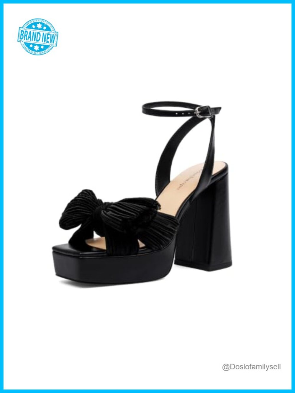 Platform Heels Women Bow Tie Chunky Block Heel Square Open Toe Ankle Strap